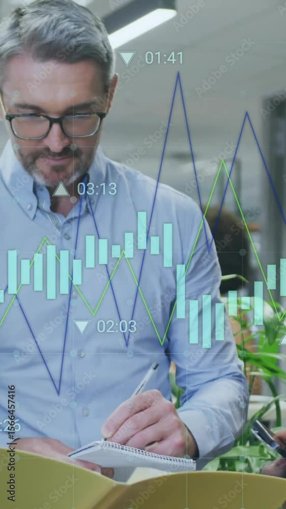 Poster diverse business team analyzing financial data with graph animation overlay