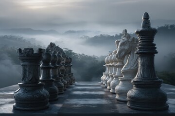 Chess pieces stand in a misty landscape during early morning hours