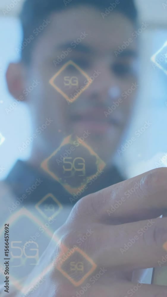 Poster using smartphone, person interacting with 5g technology animation in foreground