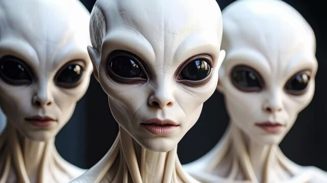 Three humanoid aliens with smooth pale skin and large black eyes stare directly forward in a striking close up composition.