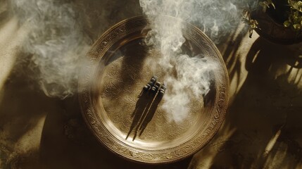 Elegant Incense Sticks on Decorative Plate Surrounded by Smoke