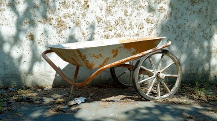 Abandoned rusty wheelbarrow next to weathered wall under sunlight