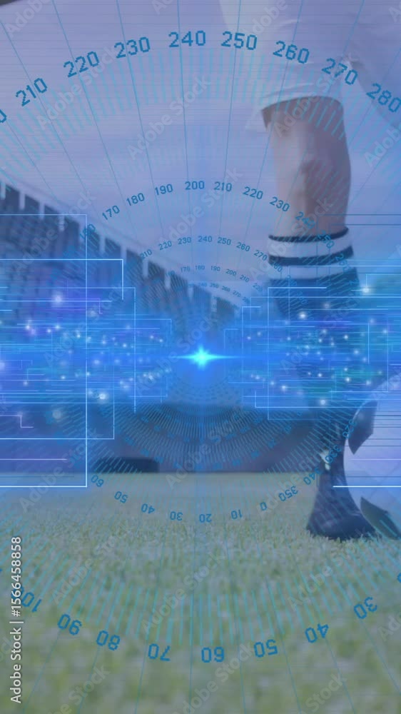 Poster soccer player on field with digital data processing animation overlay