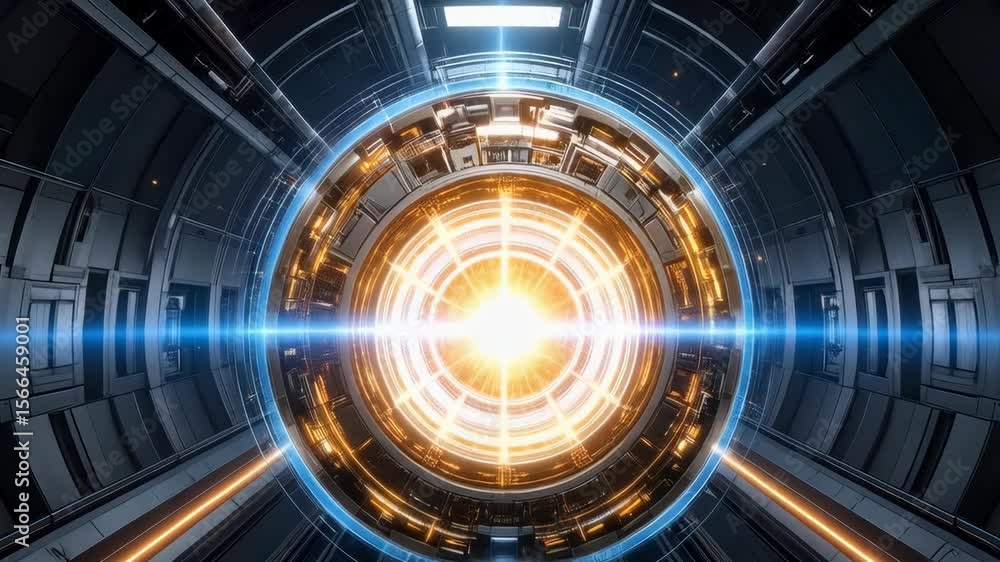 Poster futuristic technology concept with metallic architecture and glowing energy core, sci-fi portal to a