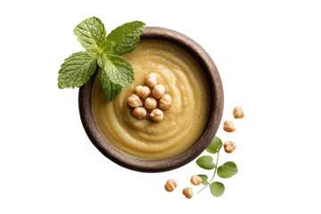PNG Chickpea puree garnished with mint and whole chickpeas in wooden bowl