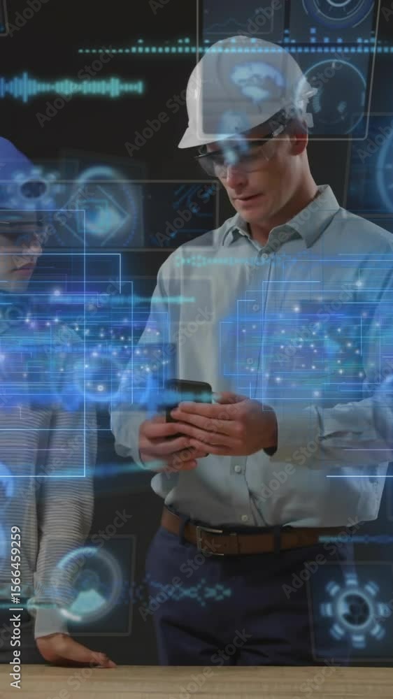 Poster wearing helmets, engineers analyzing animation data on futuristic digital interface