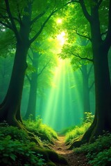A vibrant green forest canopy viewed from below, sunlight dappling through leaves, creating a magical, ethereal atmosphere Ideal for fantasy, nature, and environmental themes , shadow, flora, lush