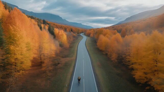 Solo cyclist pedals down a winding road through a vibrant autumn forest with misty mountains in the distance under a cloudy sky