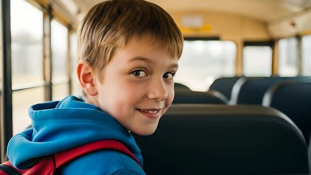 Smiling boy with backpack on school bus looking back, back to school concept. Early education, child development, school transportation, student life, educational content uses.