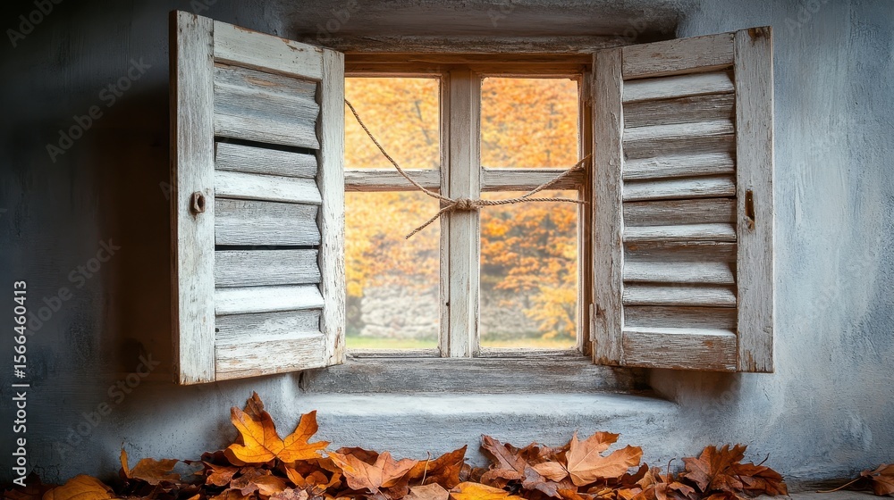 Poster autumn window view with shuttered frame and colorful leaves
