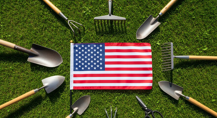 Patriotic Gardening for Keep America Beautiful Week: American Flag Surrounded by Garden Tools on Green Grass