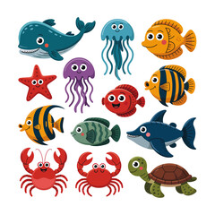 Fototapeta premium Funny cartoon sea animals vector set: fish, octopus, starfish, turtle, dolphin, crab, shark, jellyfish, whale for tropical underwater marine life collection