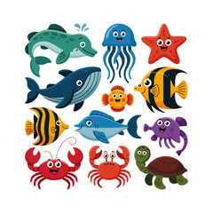Funny cartoon sea animals vector set: fish, octopus, dolphin, shark, jellyfish, whale, crab, turtle, and starfish illustrations for an underwater marine aquarium