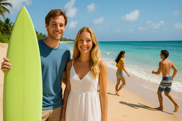 Friends enjoying a sunny beach day with surfing and walking along the shoreline in a tropical paradise Generative AI