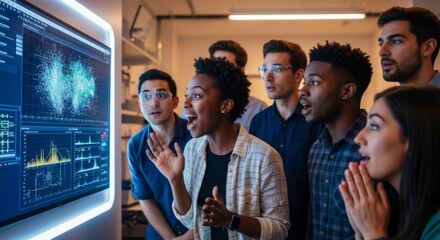 Group of young professionals enthusiastically reacting to exciting data on a futuristic display screen.