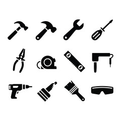 Obraz premium A vector icon set of construction tools including a hammer, wrench, saw, screwdriver, and drill symbolizing repair work and equipment