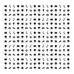 Repeating Icon Pattern: A grid of various monochrome icons including music note, chef hat, book, tree, house, gear, carrot, camera. Perfect for website or app design.
