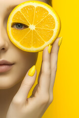 Unique portrait featuring a person playfully holding a lemon slice in front of their eye against a vibrant yellow background Generative AI