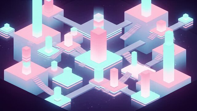 Abstract Isometric Cityscape with Neon Glow, Pink and Teal, Futuristic Architecture