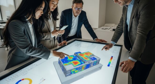Businesspeople using digital charts and maps on a tabletop touchscreen in a collaborative office environment.