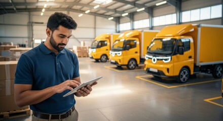 Young logistics worker using a digital tablet to monitor vehicle fleet in a warehouse environment.
