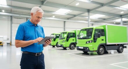Senior logistics manager using a tablet to inspect eco-friendly delivery trucks in a modern facility.