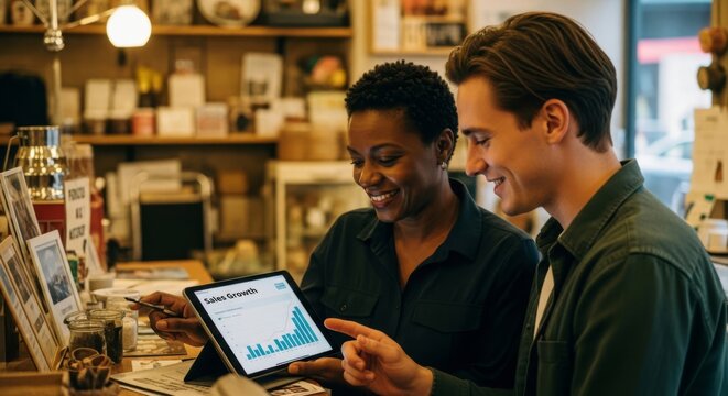 Young barista analyzing sales performance on a transparent screen while standing behind a bakery counter.