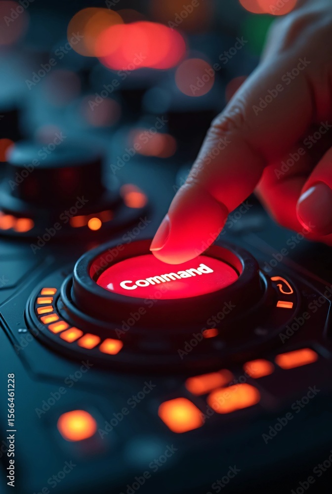 Poster a finger presses a glowing red “command” button on a futuristic control interface surrounded by illu