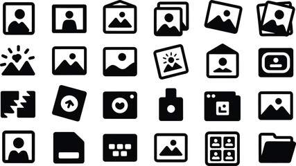 Collection of various image and media related icons in black and white