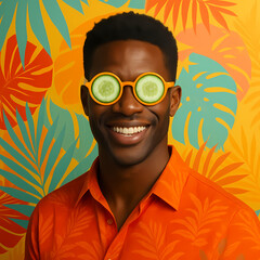 Joyful man in orange shirt wearing cucumber glasses poses against a vibrant tropical backdrop in a bright, cheerful setting Generative AI