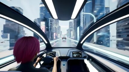 Woman Driving Futuristic Car with Holographic Route Markers in Cockpit Gliding through Vibrant High-Tech City Skyline with Skyscrapers - Powered by Adobe
