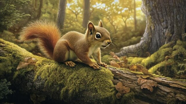 A red squirrel sits on a moss-covered log in a sun-dappled forest, other squirrels visible in the background