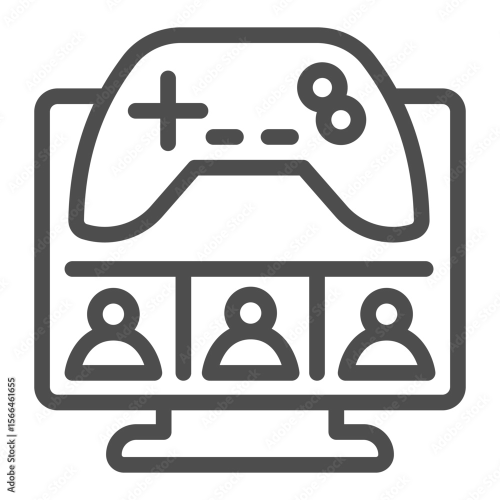 Fototapete Monitor screen with users and joystick line icon, NFT multiverse concept. Vector graphics. In game assets, gaming sign on white background, outline style icon for mobile or web design.