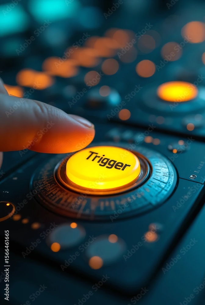 Poster a finger presses a glowing yellow “trigger” button embedded in a circular dial on an advanced contro