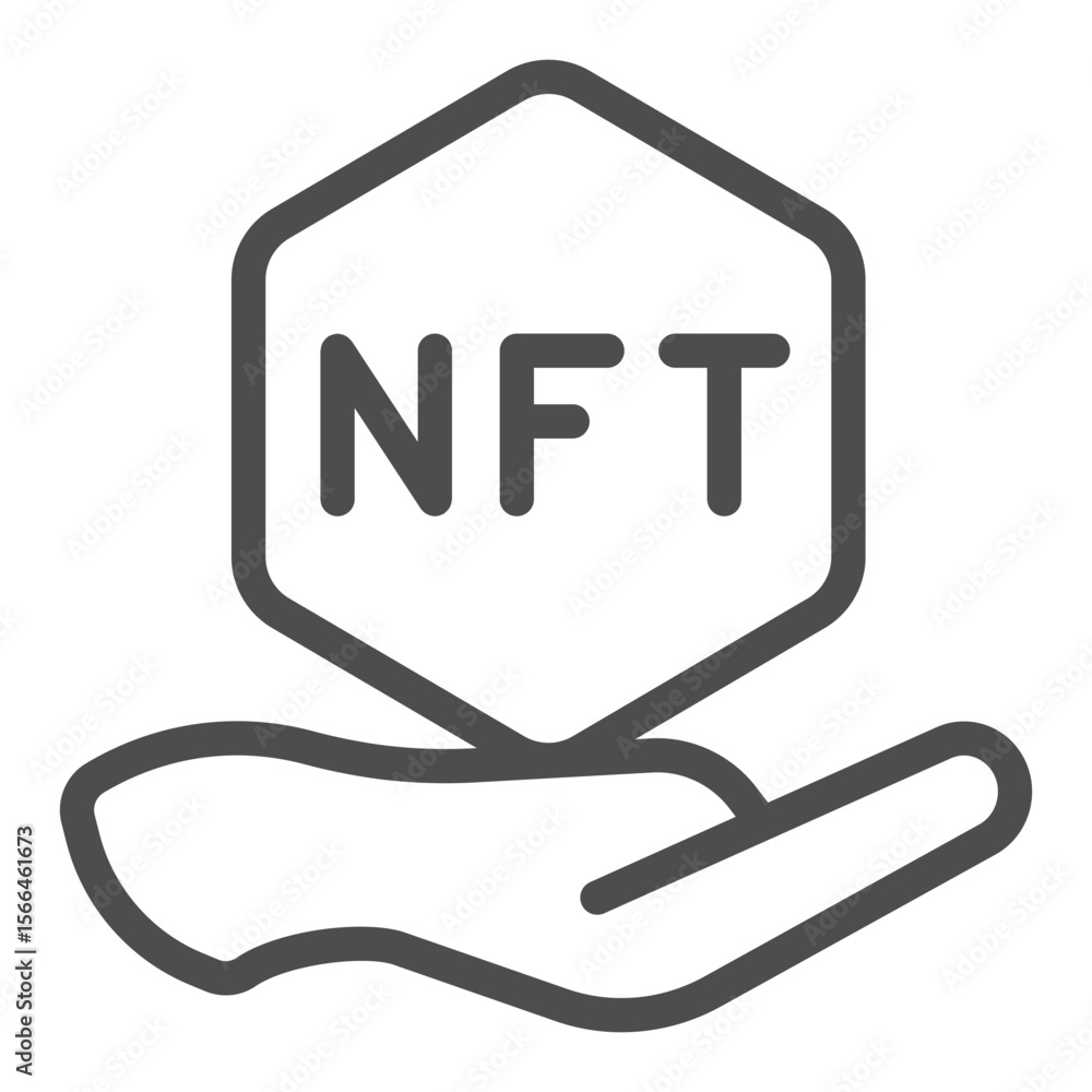 Poster hand with non fungible token line icon, nft multiverse concept. vector graphics. token file in hand 