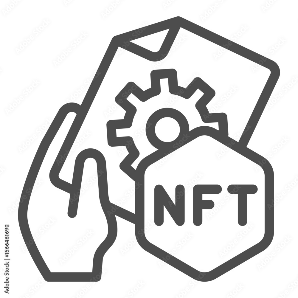 Poster certificate signature of non fungible token file line icon, nft multiverse concept. vector graphics.