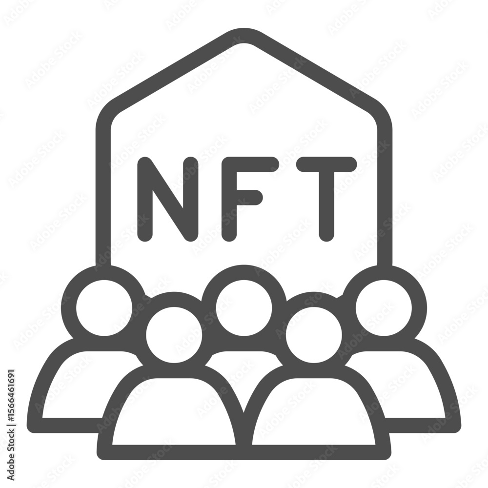 Poster non fungible token with group of users line icon, nft multiverse concept. vector graphics. gamers so