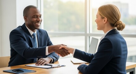 Fototapeta premium Confident businesswoman shaking hands with a male executive in a bright office space.