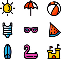 Fototapeta premium Colorful summer icon set including sun, umbrella, ball, swimsuit, sunglasses, fruit, surfboard, flamingo, and sandcastle. Perfect for seasonal or vacation-themed designs.