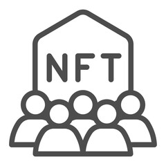 Non fungible token with group of users line icon, NFT multiverse concept. Vector graphics. Gamers society, publicity sign on white background, outline style icon for mobile or web design.