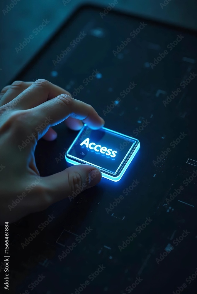 Poster a finger presses a glowing blue “access” button on a futuristic control panel surrounded by illumina