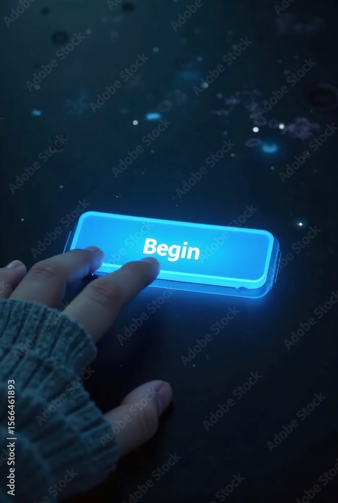 Poster a hand approaches a glowing blue “begin” button on a futuristic digital interface, surrounded by sub