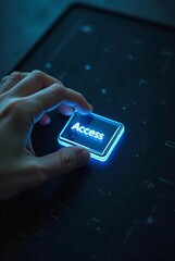 A finger presses a glowing blue “Access” button on a futuristic control panel surrounded by illuminated symbols and geometric textures in a high-tech digital interface, vertical composition