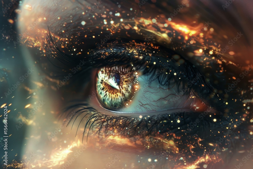Poster golden and fiery nebula clouds are reflected in an eye, creating a sense of mystery and wonder