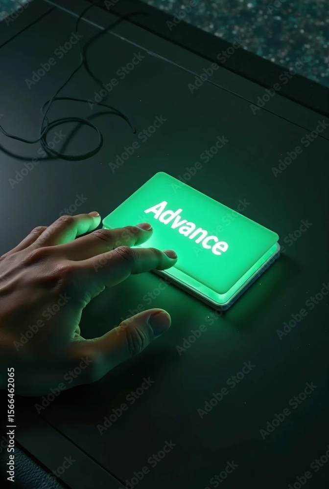 Poster a hand reaches toward a glowing green “advance” button on a dark interface with visible cable connec