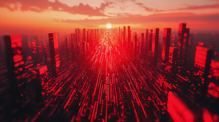 Futuristic Digital Cityscape Glowing In Vivid Red