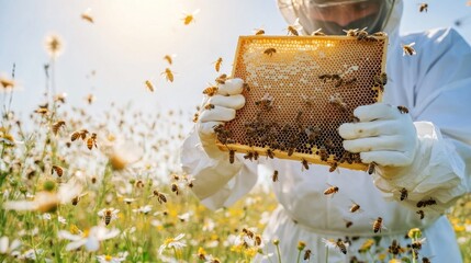 Beekeeper inspecting honeycomb