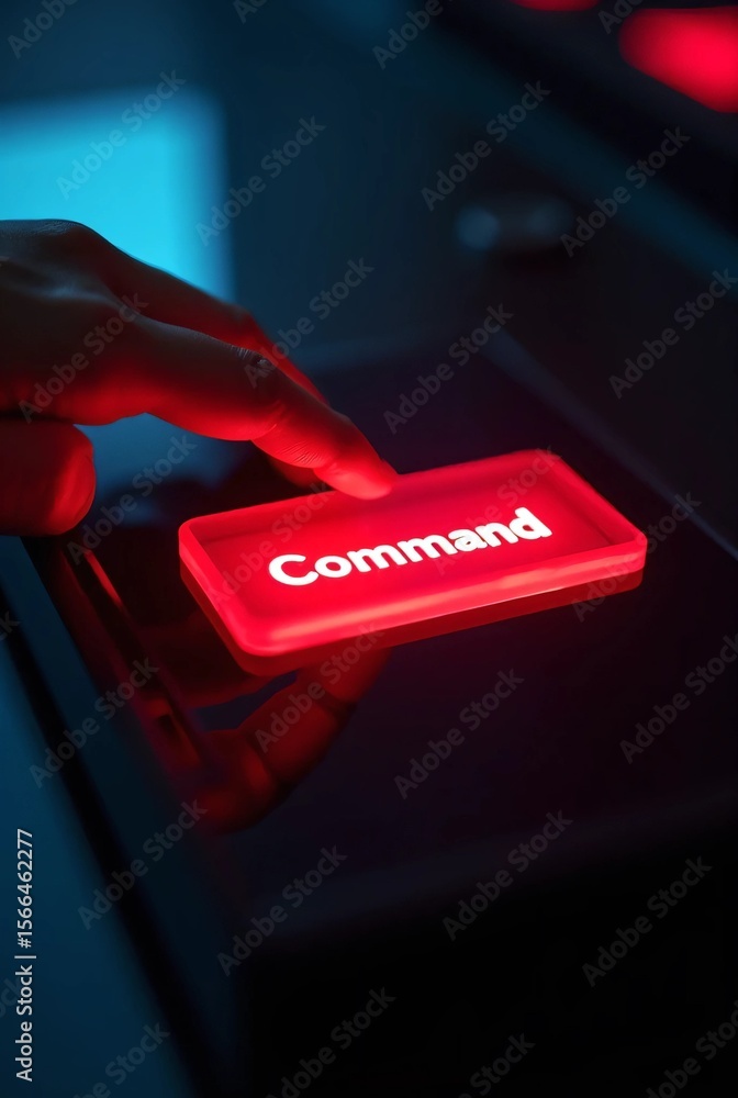 Poster a hand presses a glowing red “command” button on a dark high-tech interface, symbolizing decisive ac