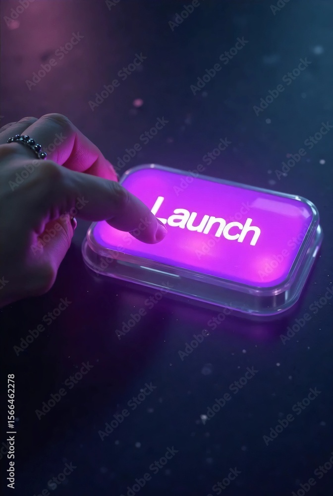 Poster a hand presses a glowing purple “launch” button on a sleek dark interface, symbolizing initiation an