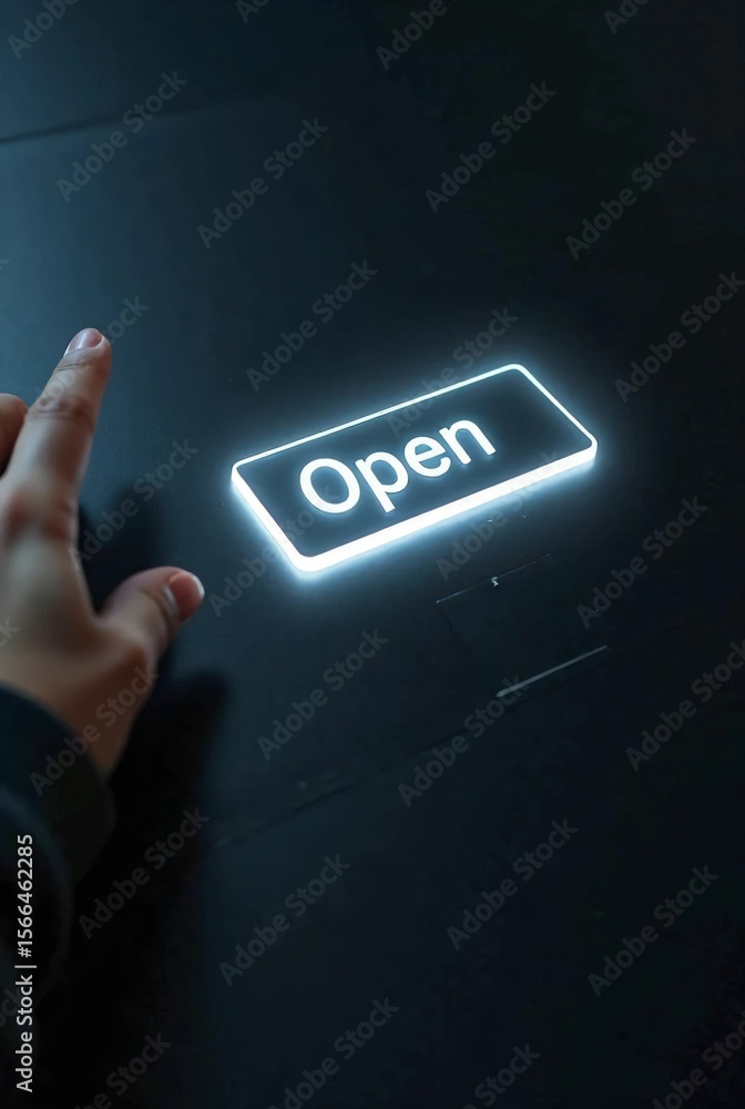 Poster a hand reaches toward a glowing red “open” button on a sleek dark surface, highlighting human intera